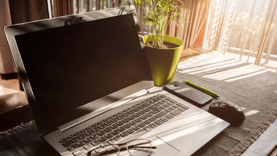 Laptop, phone and glasses on a desk in morning light